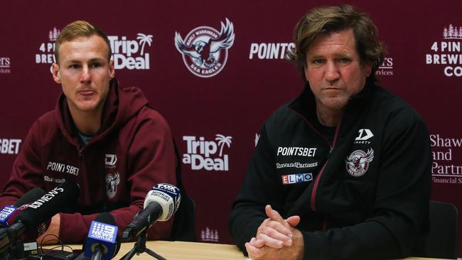 Manly Sea Eagles captain Daly Cherry-Evans and coach Des Hasler were left to address the media following the chaos of the pride jersey. Picture: NCA Newswire / Gaye Gerard