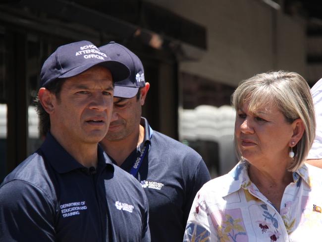 School attendance officers Cory and Jono Schwalger talk with Education and Training minister Jo Hersey while on patrol in Alice Springs on Thursday, February 6, 2025. Picture: Gera Kazakov