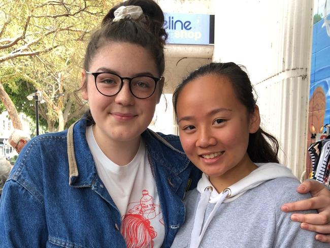 Two students who got the crowd chanting. Left to right: Meagan Trimble, 15, of Allambie and Yasmin Lin, 15, of Beecroft. Picture: Julie Cross.