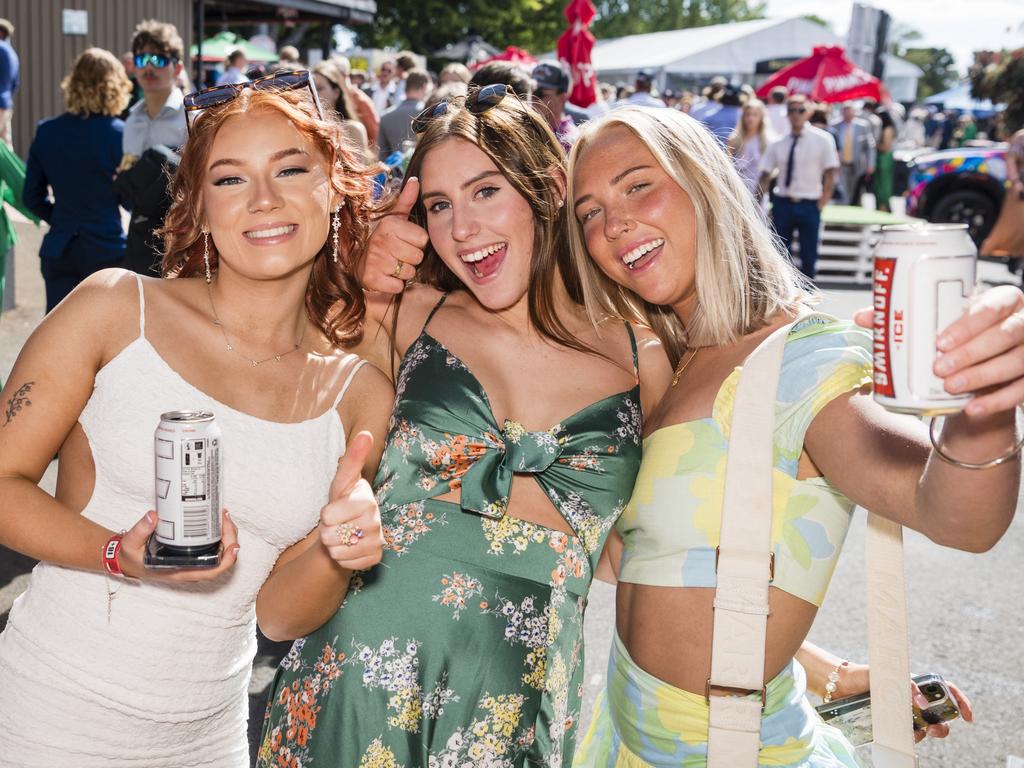 At 2023 Audi Centre Toowoomba Weetwood race day are (from left) Jocelyn Smith, Ainsley Edwards, Nicole van Rhijn. Picture: Kevin Farmer