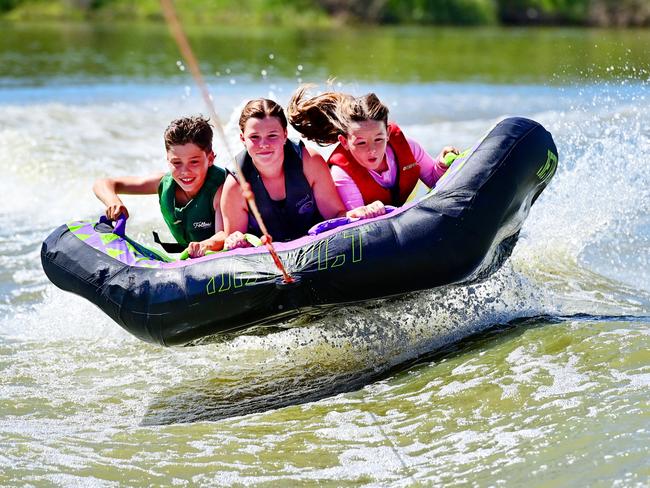 Left to right Xander Martin, Kayla Rhodes, Kyan Wishart. From Melbourne  at Big 4 Caravan Park, Renmark.  Picture: Grant Schwartzkopff