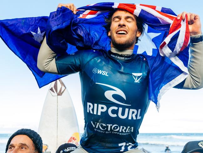 BELLS BEACH, VICTORIA, AUSTRALIA - APRIL 27: Jack Robinson of Australia after winning the Final at the Rip Curl Pro Bells Beach on April 27, 2025 at Bells Beach, Victoria, Australia. (Photo by Cait Miers/World Surf League)