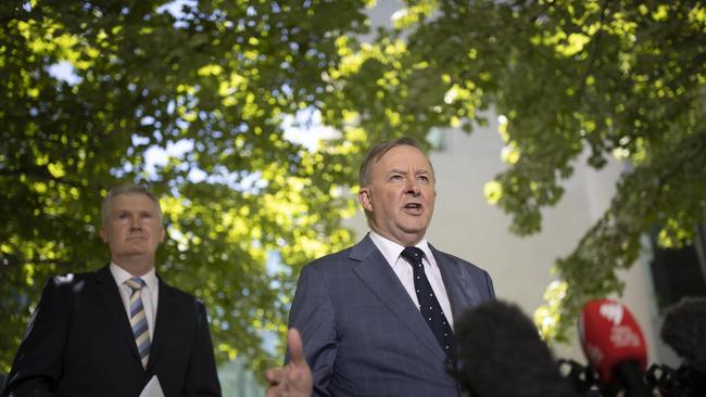 Opposition Leader Anthony Albanese with Tony Burke during a press conference in Parliament House Canberra. Picture: NCA NewsWire / Gary Ramage