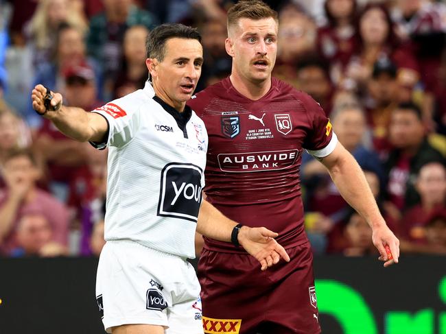 Cameron Munster talk to the referee in action during Game 1 of the 2021 State of Origin Series between Queensland and NSW at Queensland Country Bank Stadium, in Townsville. Pics Adam Head