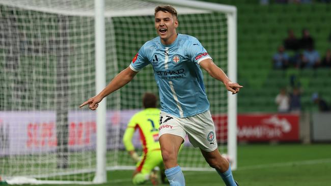 MELBOURNE, AUSTRALIA - MAY 03: Max Caputo of Melbourne City celebrates after scoring a goal during the round 29 A-League Men match between Melbourne City and Sydney FC at AAMI Park, on May 03, 2025, in Melbourne, Australia. (Photo by Robert Cianflone/Getty Images)