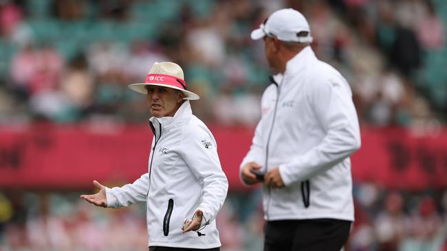 Umpire Chris Gaffaney gestures during day two of the Sydney Test match. Picture: Getty