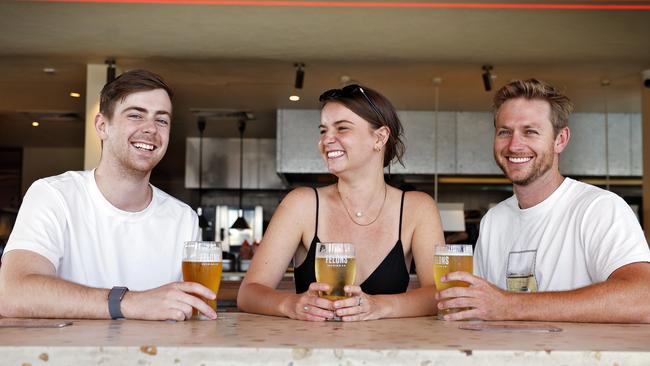 Lachlan Mason-Cox, Taylor Vermilyea and Murray Smith enjoy a Friday afternoon beer at Felons Brewing Co, Manly. Picture: Sam Ruttyn