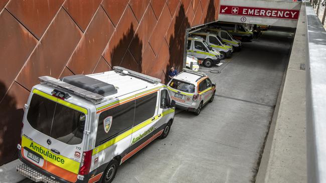 Ambulances backed up on the ramp at Royal Hobart Hospital on March 2, 2021. Picture Eddie Safarik