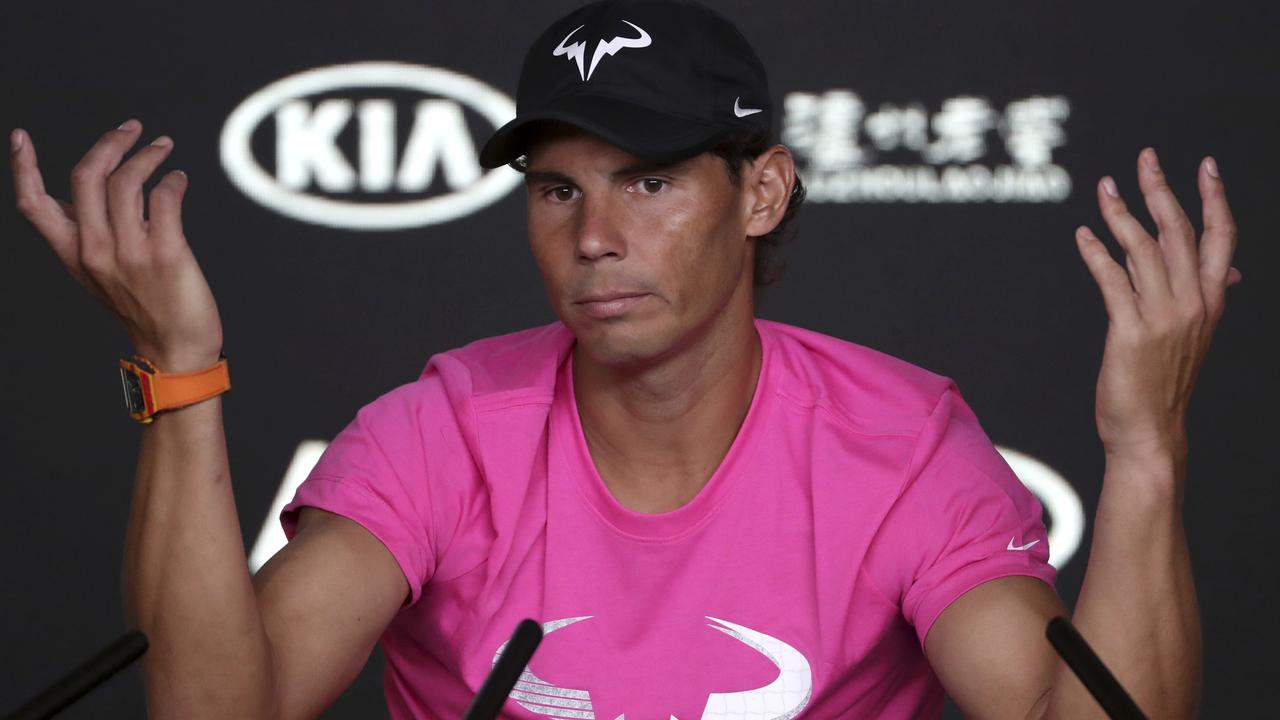 Rafael Nadal gestures during a press conference ahead of the Australian Open tennis championships in Melbourne, Australia, Saturday, Jan. 12, 2019. (AP Photo/Mark Schiefelbein)