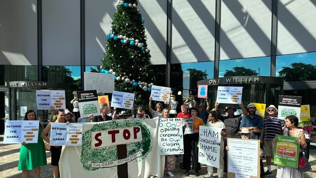 Activists gather outside the Premier's office to protest the Gabba redevelopment. Picture:Mikaela Mulveney