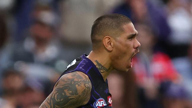 Michael Walters of the Dockers celebrates a goal during the round five AFL match between Fremantle Dockers and Gold Coast Suns at Norwood Oval, on April 14, 2023, in Adelaide, Australia. (Photo by Paul Kane/Getty Images)