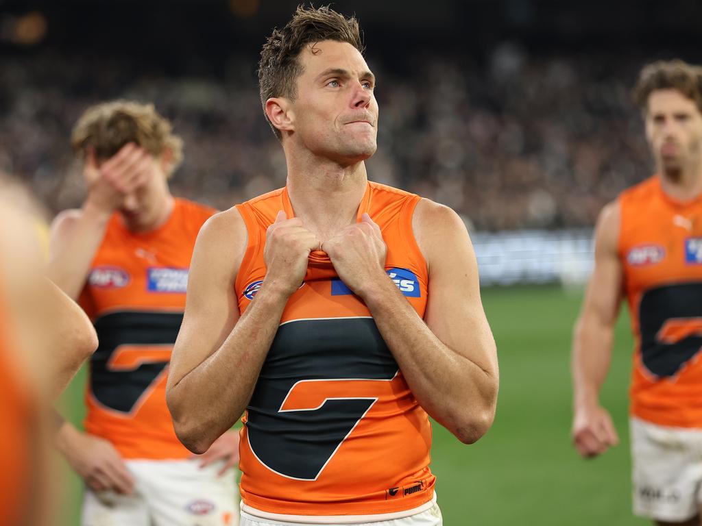 MELBOURNE, AUSTRALIA - SEPTEMBER 22: Josh Kelly of the Giants is dejected after the Giants were defeated by the Magpies during the AFL First Preliminary Final match between Collingwood Magpies and Greater Western Sydney Giants at Melbourne Cricket Ground, on September 22, 2023, in Melbourne, Australia. (Photo by Robert Cianflone/AFL Photos/via Getty Images)