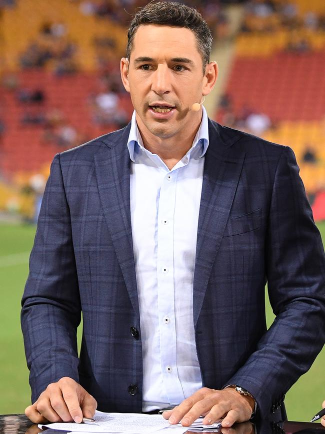 Billy Slater commentates during the Round 3 NRL match between the Broncos and Dragons in March. Picture: AAP/Dave Hunt