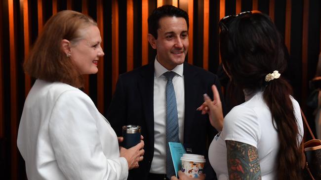 Queensland Premier David Crisafulli at Community Cabinet breakfast function, speaking to the local business community, including Townsville Chamber of Commerce president Miranda Meers. Picture: Evan Morgan