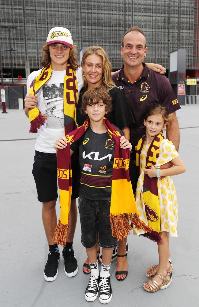 Raphael Glover, 15, Skye, Paz, 10, Nathan and Queenie, 7, pictured at the Broncos v Rabbitohs, round 1, on Caxton Street, Brisbane 11th of March 2022. This is the first game for the BroncosÃ• season.