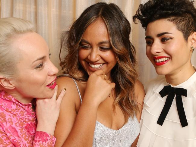 Olympia, Jessica Mauboy and Jessica Cerro (Montaigne) at the ARIA nomination awards ceremkny in Sydney. Picture: Adam Taylor