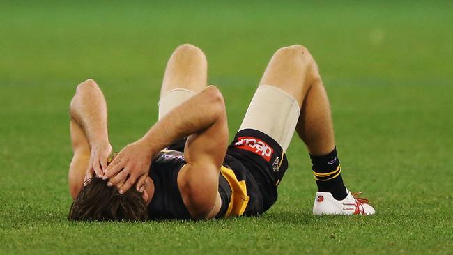 Richmond’s Alex Rance collapses after the final siren.