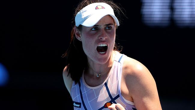 Australia's Kimberly Birrell celebrates a point against Estonia's Kaia Kanepi. Picture: AFP