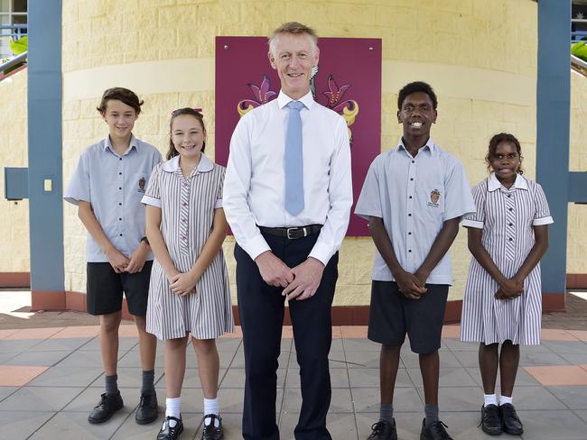 Haileybury Rendall School principal Craig Glass, pictured with students Elonea Pascoe, Matthew Larkin Max Parkes and Charley Parkes, has outlined an agressive plan for school expansion by 2021. Picture: Keri Megelus