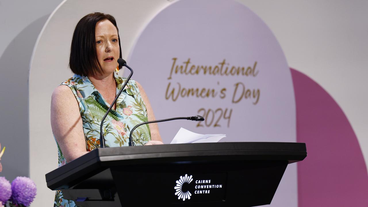Skytek CEO Alana McKenna speaks at the Cairns Regional Council's International Women's Day 2024 awards, held at the Cairns Convention Centre. Picture: Brendan Radke