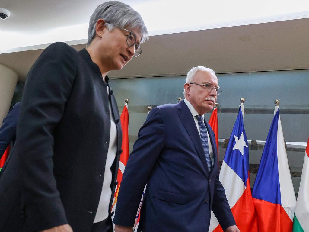 Palestinian Foreign Minister Riyad al-Maliki walking alongside Foreign Minister Penny Wong. Picture: AFP