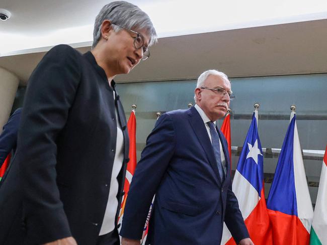 Palestinian Foreign Minister Riyad al-Maliki walking alongside Foreign Minister Penny Wong. Picture: AFP