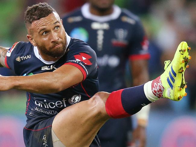 MELBOURNE, AUSTRALIA - APRIL 12: Quade Cooper of the Rebels kicks the ball during the round nine Super Rugby match between the Rebels and the Stormers at AAMi Park on April 12, 2019 in Melbourne, Australia. (Photo by Michael Dodge/Getty Images)