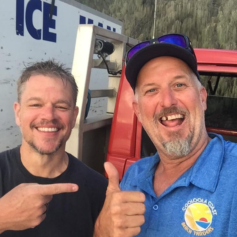 Matt Damon with Rob ‘The Ice Man’ Gough at Rainbow Beach. Picture: Rob Gough/Facebook