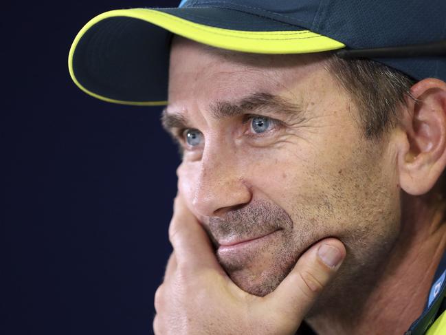 Australia head coach Justin Langer gestures during a press conference at Edgbaston, in Birmingham, England, Tuesday July 30, 2019. Australia will face off against England in their first cricket Ashes Test match starting Aug. 1. (David Davies/PA via AP)