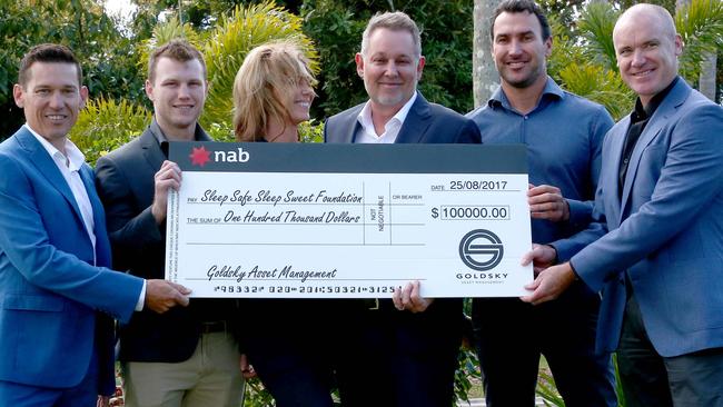 Launch of Goldsky hedge fund directors and couple Jane and Ken Grace launch Sleep Safe Sleep Sweet. Pictured with Stuart O'Grady, Jeff Horn, Joel Parkinson and Robbie McEwen. Picture: Mike Batterham