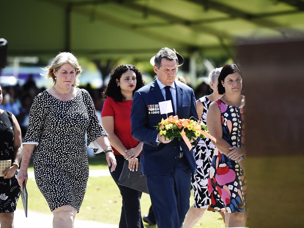 Environment and Natural Resources Minister Eva Lawler, Tourism and Culture Minister Lauren Moss, Chief Minister Michael Gunner and Attorney General Natasha Fyles lay a wreath at the 77th Anniversary of the Bombing of Darwin on Tuesday, February 19, 2019. Picture: KERI MEGELUS