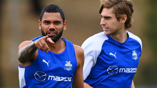 Tarryn Thomas (left) returned to training at Arden Street on Monday with North Melbourne’s main playing group. Picture: Quinn Rooney/Getty Images