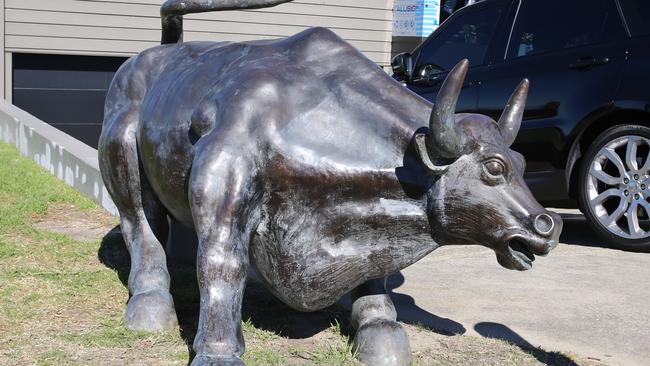 A bull statue out the front of Fadi’s home raided by police. Picture: John Grainger.