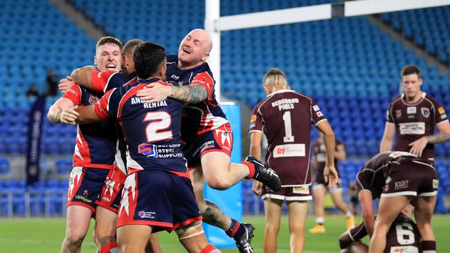 17th October 2020, Runaway Bay celebrates winning the Gold Coast Rugby League A-Grade Grand Final against the Burleigh Bears played at CBus Stadium Photo: Scott Powick Newscorp