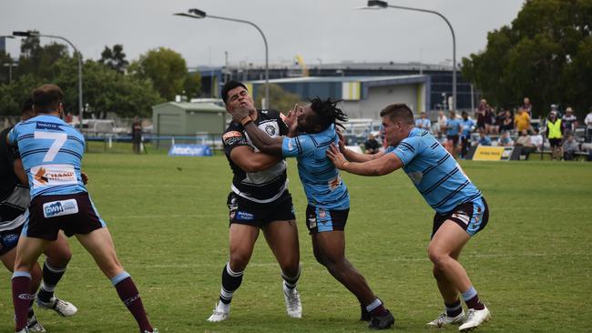 Tweed Seagull Herman Ese'ese loses a tooth in a head clash with CQ Capra Nixon Putt. Picture: Max Ellis / Tweed Seagulls