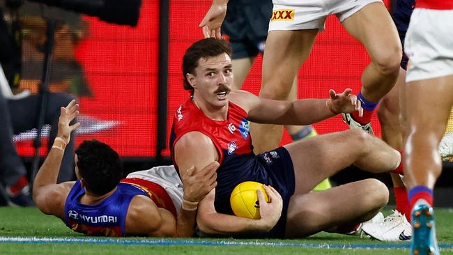 Jake Lever wanted a free kick. Photo by Michael Willson/AFL Photos via Getty Images.