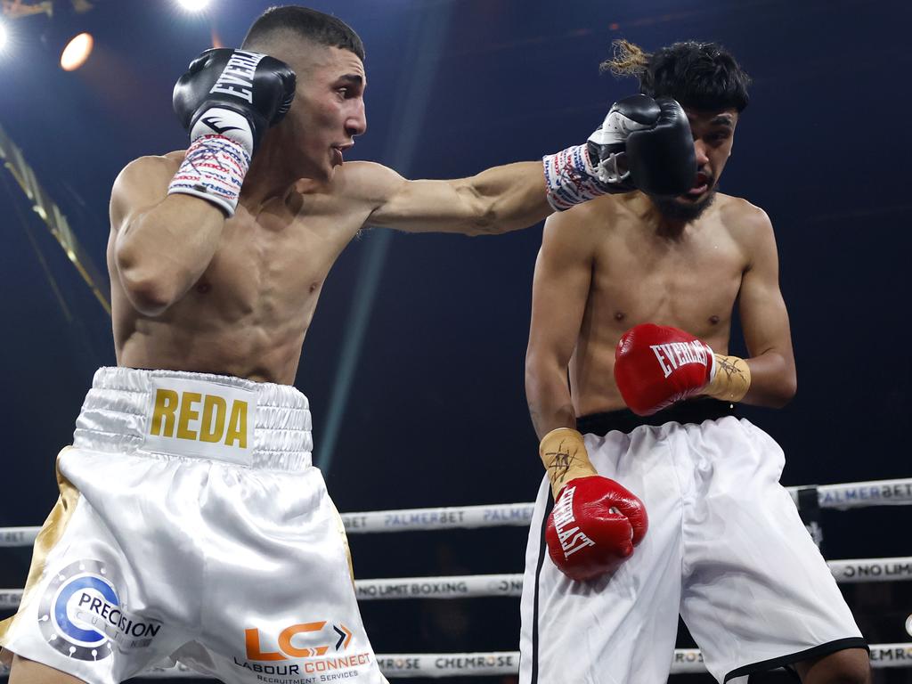 Reda, in action against Taunga Kairenga in December. Pictures: No Limit Boxing/Gregg Porteous