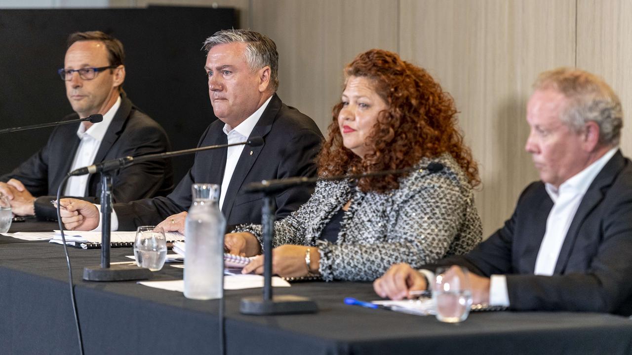 Mark Anderson, Eddie McGuire, Jodie Sizer and Peter Murphy hold a press conference to discuss the release of Collingwood’s ‘Do Better’ report into racism at the club. Picture: Jake Nowakowski