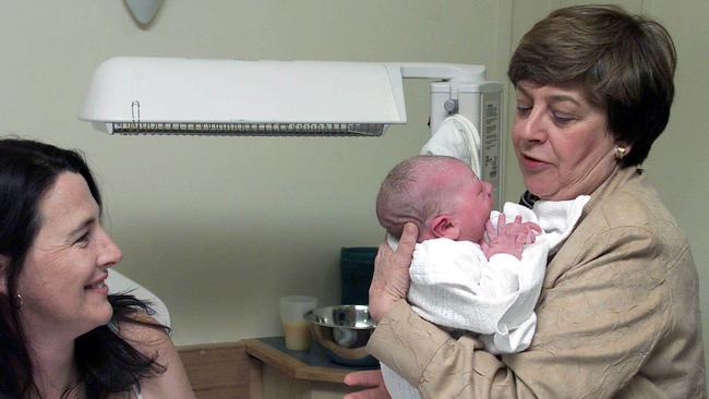 Senator Kay Patterson with mother Suzanne O'Shannessy and her newborn baby son Ned at the Royal Women's Hospital, to promote the baby bonus. Picture: AFP