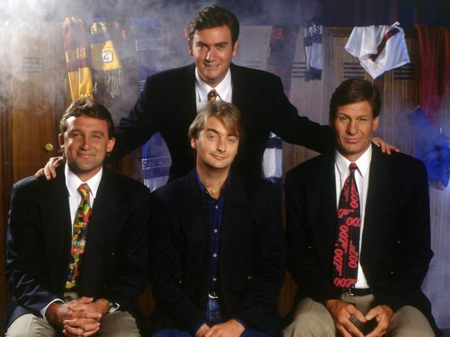 The Footy Show cast members in 1996: Doug Hawkins, Trevor Marmalade, Eddie McGuire and Sam Newman.