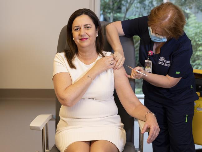 Queensland Premier Annastacia Palaszczuk gets the Covid-19 vaccination. Picture: NCA NewsWire / Sarah Marshall