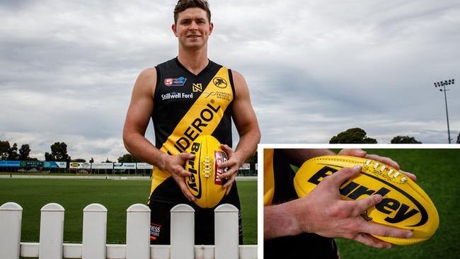 Glenelg SANFL premiership player Brad McCarthy at Glenelg Oval. Inset: McCarthy's hand. Picture: Matt Turner.