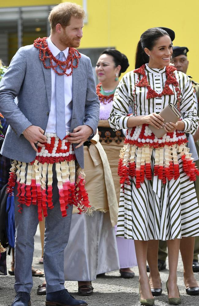 The pair wore the traditional ta’ovala — a mat wrapped around their waist. Picture: AP