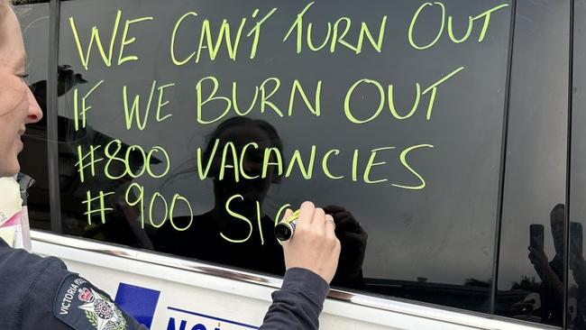 Policing vehicles bare slogans after union members voted for protected industrial action. Picture: Supplied / The Police Association of Victoria.