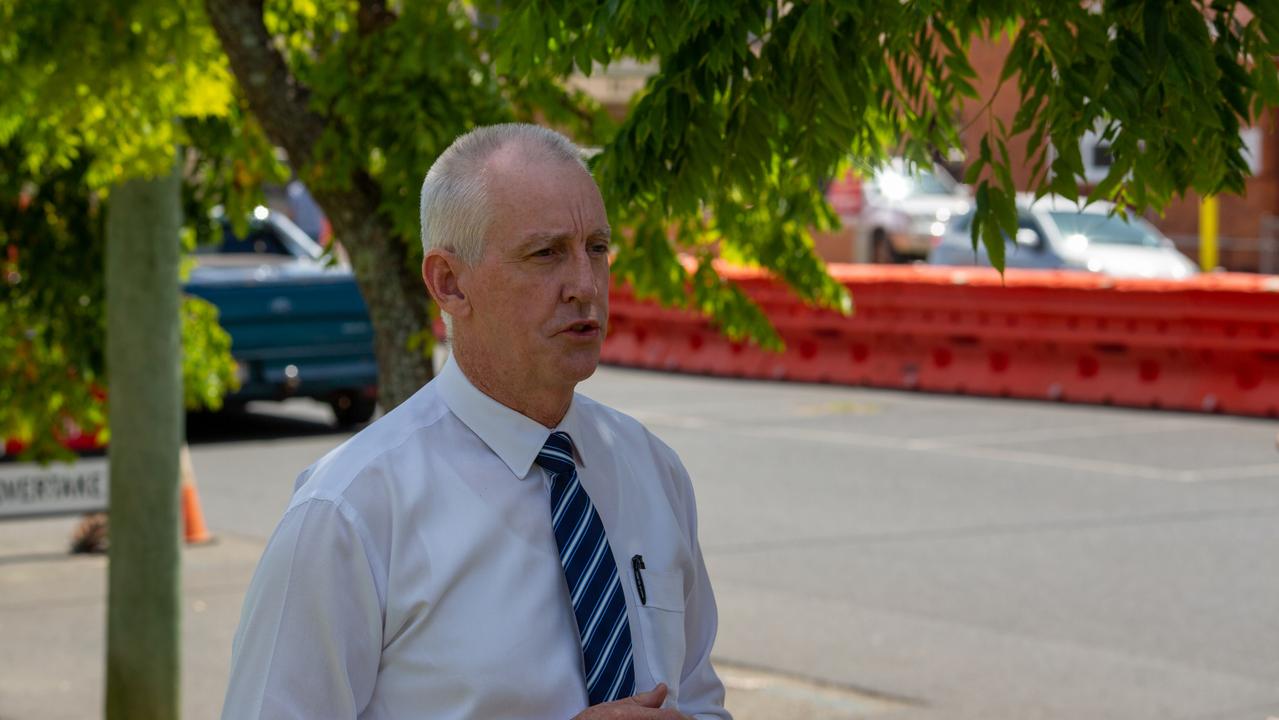 Detective Acting Inspector Paul McCusker at a press conference in Kingaroy, March 21, 2022, in relation to the discovery of two bodies in Gordonbrook Dam. Picture: Dominic Elsome