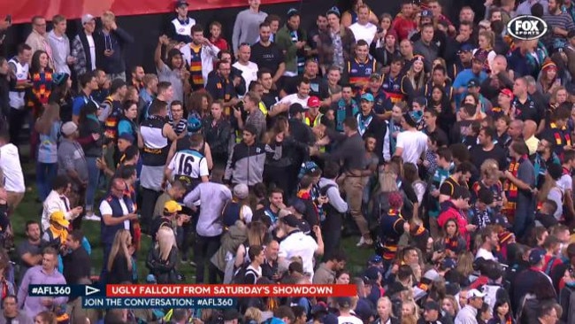 A fight broke out between Adelaide and Port Adelaide fans at the Adelaide Oval.