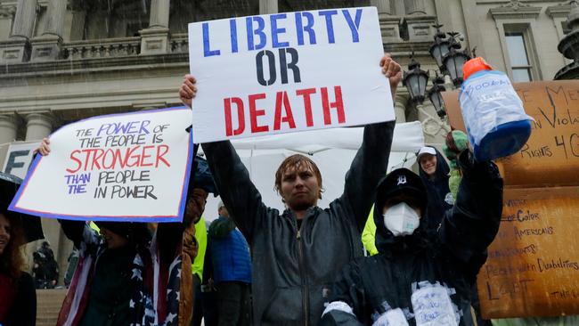 Protesters in Lansing, Michigan, during a rally earlier this month organised by Michigan United for Liberty to condemn coronavirus pandemic stay-at-home orders. Picture: AFP