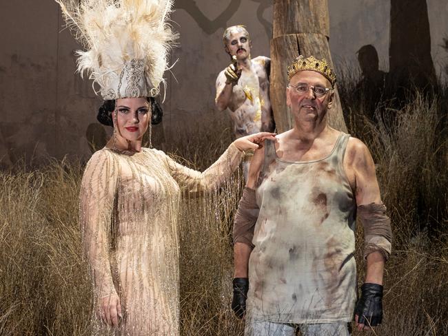 Adelaide Festival 2022. The Golden Cockerel opera singers  Venera Gimadieva (Russian soprano) and Pavlo Hunka (British-Ukranian bass-baritone), with Australian actor Matt Whittet in the background as the cockerel.Picture: Andrew Beveridge ,