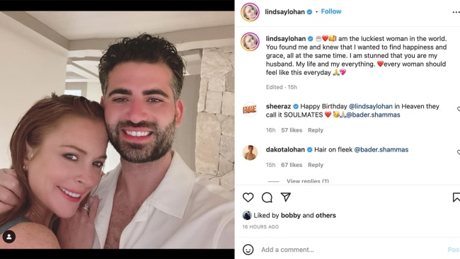 Lindsay Lohan subtly announced her marriage, calling Bader Hassam her "husband" in an Instagram post. Photo: Instagram 