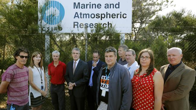 Workers at the CSIRO Marine and Atmospheric Research Centre in Aspendale meeting with Federal member for Isaacs Mark Dreyfus about job cuts to the CSIRO. Picture: Valeriu Campan